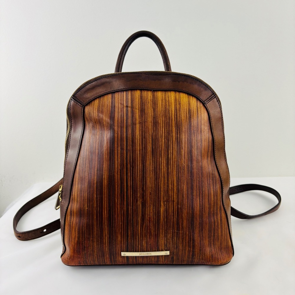 Brahmin Woodgrain Leather Backpack Brown Textured Dome Bag Mens Womens
